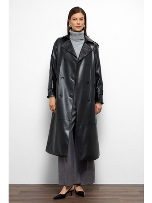 Apolet Detaylı Kruvaze Deri Trençkot Siyah 6756