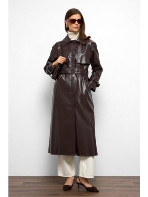 Reglan Kol Pelerin ve Punto Dikiş Detaylı Deri Trençkot K. Kahve 6754