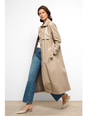 Reglan Kol Pelerin ve Punto Dikiş Detaylı Deri Trençkot Taş 6754