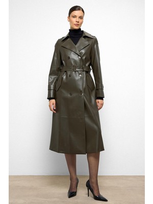 Apolet Detaylı Kruvaze Deri Trençkot Haki 6756