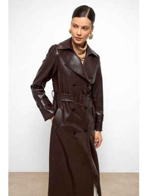 Apolet Detaylı Kruvaze Deri Trençkot K. Kahve 6756