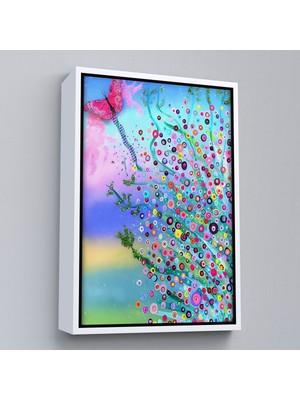 Beyaz Çerçeveli Renkli Çiçekler ve Kelebek Temalı Duvar Tablosu