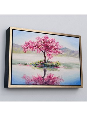 Çerçeveli Gölde Sakura Ağacı Yağlıboya Görünüm Kanvas Duvar TABLOSU-3494