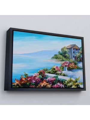 Çerçeveli Rengarenk Çiçekler Arasındaki Deniz Manzaralı Ev Duvar TABLOSU-3633