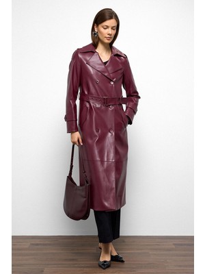 Apolet Detaylı Kruvaze Deri Trençkot Bordo 6756