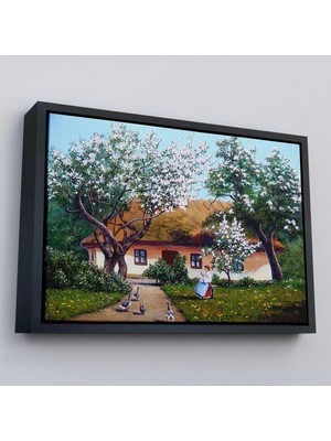 Çerçeveli Ilkbahar Köy Evi Yağlıboya Görünüm Dekoratif Kanvas Duvar TABLOSU-3514