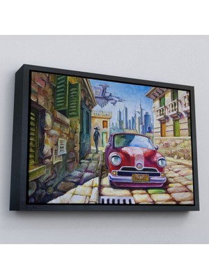 Çerçeveli Eski Kırmızı Araba Yağlıboya Görünüm Dekoratif Duvar TABLO-3433