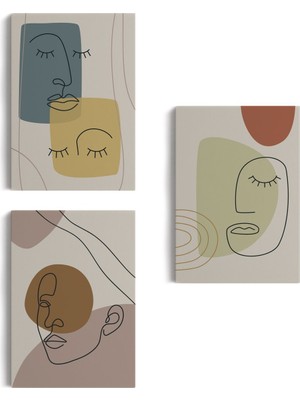 3’lü Tablo Minimal Şekiller ve Çizgi Sanat Yüzleri Soyut Sanat Tablo Seti-Ap-16