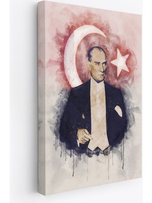Mustafa Kemal Atatürk ve Türk Bayrağı Suluboya Görünümlü Dekoratif Kanvas Tablo-Cy-76