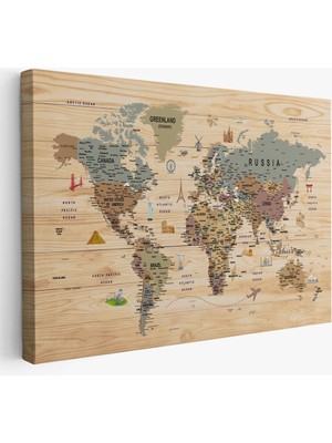 Ahşap Görünümlü Dünya Haritası Sembollü Eğitici Dekoratif TABLO-2950