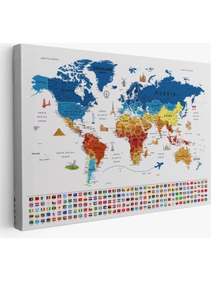 Dünya Haritası Ayrıntılı Eğitici Sembollü Bayraklı Dekoratif Kanvas Tablo 2821