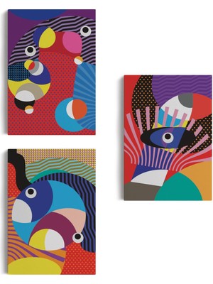 Renkli Geometrik Desenli Pop Art 3 Lü Kanvas Duvar Tablo Seti-Ao-14