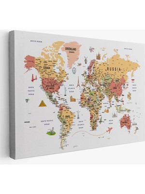 Dünya Haritası Son Derece Ayrıntılı Eğitici ve Sembollü Kanvas Tablo 3205