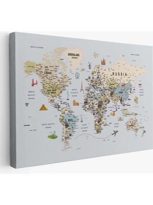 Dünya Haritası Çok Detaylı Ünlü Yerler Sembollü Kanvas Tablo 1746