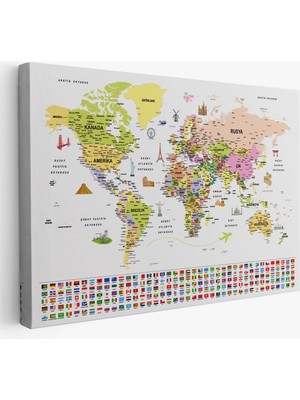 Türkçe Dünya Haritası Ayrıntılı Eğitici Sembollü Bayraklı Dekoratif Kanvas Tablo 2850