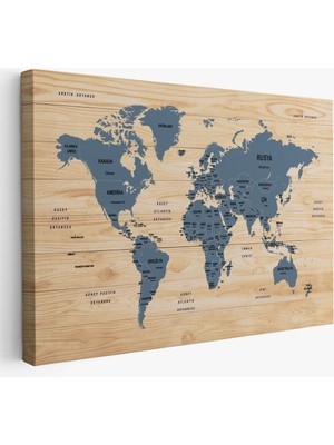 Ahşap Görünümlü Türkçe Dünya Haritası Ülke Başkentli Kanvas Tablo 1842