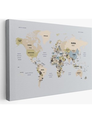 Dünya Haritası Kanvas Tablo Ülke Başkent Detaylı ve Dekoratif 2597