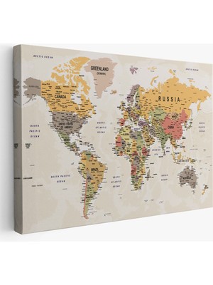 Dünya Haritası Son Derece Ayrıntılı Eğitici Okyanuslu Dekoratif Kanvas Tablo 2525