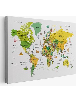 Türkçe Dünya Haritası Son Derece Ayrıntılı Eğitici ve Sembollü Kanvas Tablo 3222