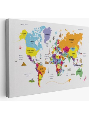 Dünya Haritası Dekoratif Kanvas Tablo Ülke ve Başkentli Öğretici ve Sembollü 2281