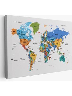 Türkçe Dünya Haritası Dekoratif Kanvas Tablo Son Derece Detaylı 1637
