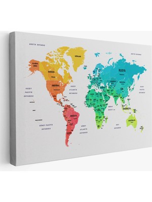 Türkçe Dünya Haritası Dekoratif Kanvas Tablo Ülke ve Başkentli 1562