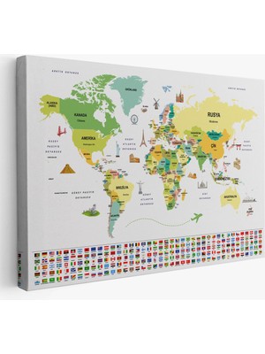 Türkçe Dünya Haritası Ülke Bayrak ve Başkentli Kanvas Tablo 1914