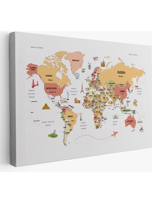Dünya Haritası Dekoratif Kanvas Tablo Ülke ve Başkentli Öğretici ve Sembollü 2309