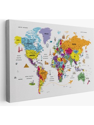 Türkçe Dünya Haritası Son Derece Ayrıntılı Eğitici ve Sembollü Kanvas Tablo 3180