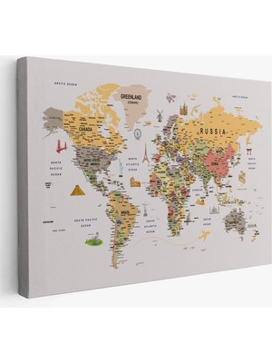 Dünya Haritası Çok Detaylı Ünlü Yerler Sembollü Kanvas Tablo 1748