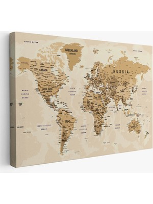 Dünya Haritası Son Derece Ayrıntılı Eğitici Okyanuslu Dekoratif Kanvas Tablo 2545