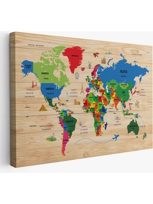 Ahşap Görünümlü Türkçe Dünya Haritası Dekoratif Kanvas Tablo 2110