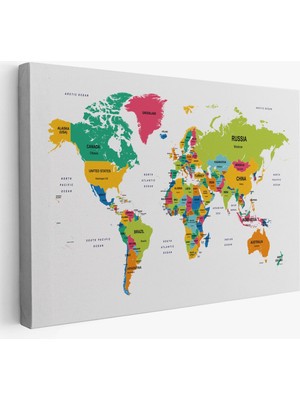 Dünya Haritası Dekoratif Kanvas Tablo Ülke ve Başkentli 1545