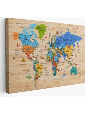 Ahşap Görünümlü Dünya Haritası Sembollü Eğitici Dekoratif Kanvas Tablo 2956