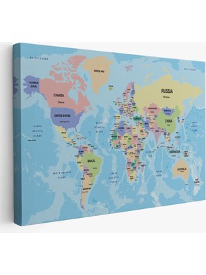 Dünya Haritası Ülke Başkentli Okyanuslu ve Dekoratif Kanvas Tablo 2233