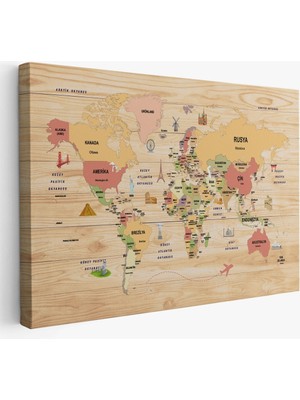 Ahşap Görünümlü Türkçe Dünya Haritası Dekoratif Kanvas Tablo 2088