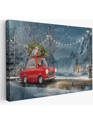 Noel Baba ve Küçük Kırmızı Retro Arabası Kanvas Duvar TABLOSU-3752