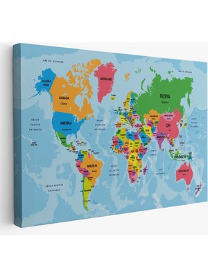 Türkçe Dünya Haritası Ülke Başkentli ve Okyanuslu Dekoratif Kanvas Tablo 2200