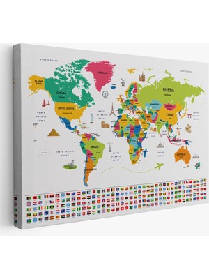 Dünya Haritası Ülke Bayraklı ve Başkentli Kanvas Tablo 1951