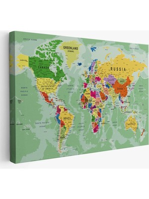 Dünya Haritası Son Derece Ayrıntılı Eğitici Okyanuslu Dekoratif Kanvas Tablo 2511