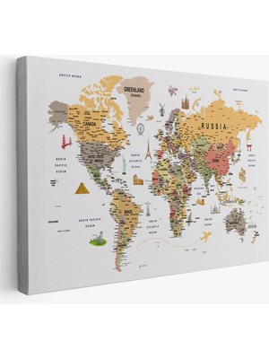 Dünya Haritası Son Derece Ayrıntılı Eğitici ve Sembollü Kanvas Tablo 3199