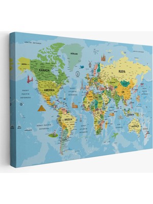 Türkçe Dünya Haritası Kanvas Tablo Son Derece Detaylı ve DEKORATIF-1991