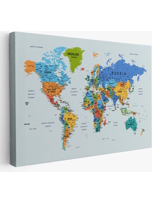 Detaylı Dünya Haritası Dekoratif Renkli Zeminli Kanvas Tablo 1708