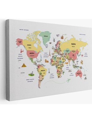 Türkçe Dünya Haritası Dekoratif Kanvas Tablo Ülke-Başkentli Öğretici ve Sembollü 2312