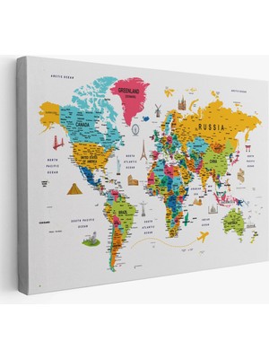 Dünya Haritası Son Derece Ayrıntılı Eğitici ve Sembollü Kanvas Tablo 3213
