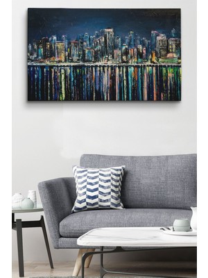 Kıyı Şehrin De Gece Yağlıboya Görünüm Dekoratif Kanvas Duvar Tablosu