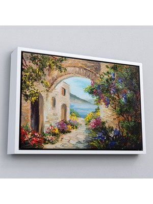 Çerçeveli Deniz Yakınında Ev, Renkli Çiçekler, Deniz Manzaralı Kanvas Duvar TABLOSU-1111