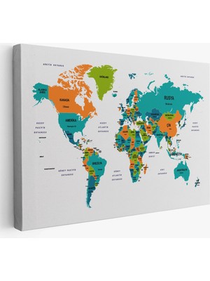 Türkçe Dünya Haritası Dekoratif Kanvas Tablo Ülke ve Başkentli 1530