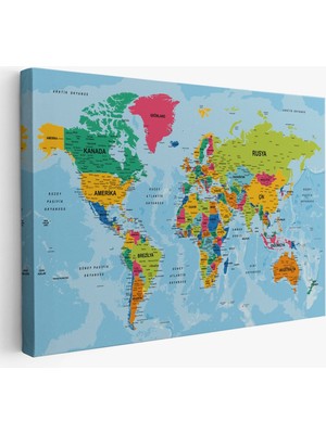 Dünya Haritası Türkçe Kanvas Tablo Ayrıntılı Dekoratif-Okyanuslu 2172