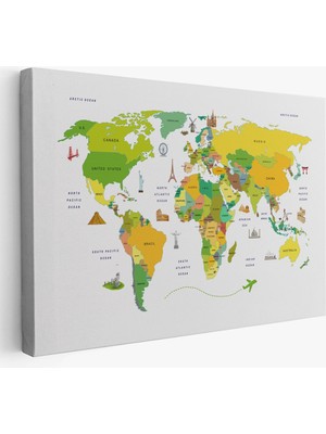 Dünya Haritası Dekoratif Kanvas Tablo Ülke ve Başkentli Öğretici ve Sembollü 2325
